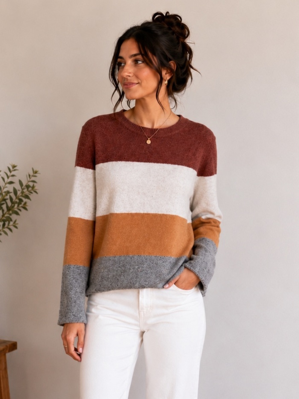 NWT Pinque Gina Colorblock Stripe Crewneck Sweater Rust Stone Combo Size XL
